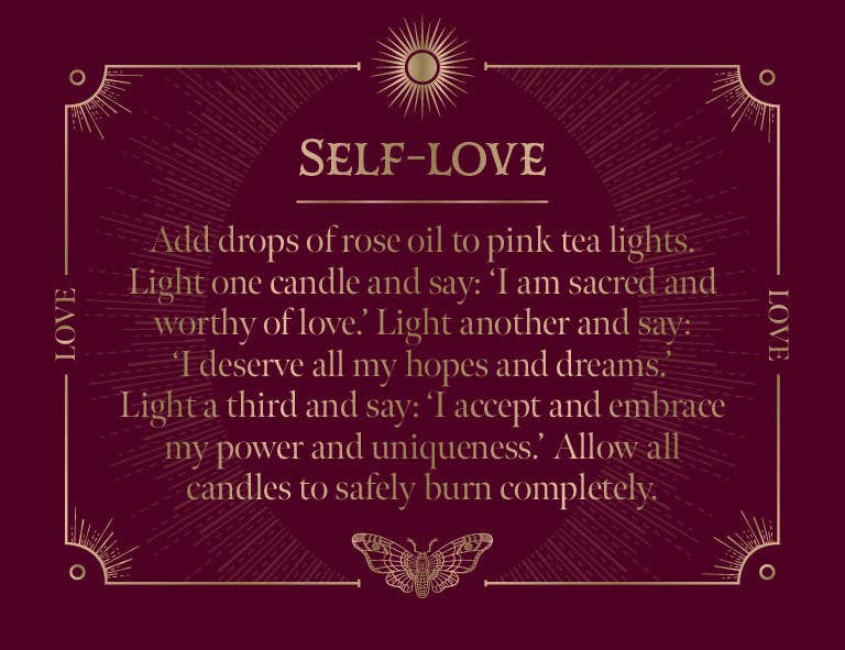 Self-love spells guide with instructions for using pink tea lights and rose oil for self-empowerment