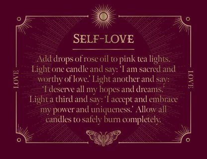 Self-love spells guide with instructions for using pink tea lights and rose oil for self-empowerment