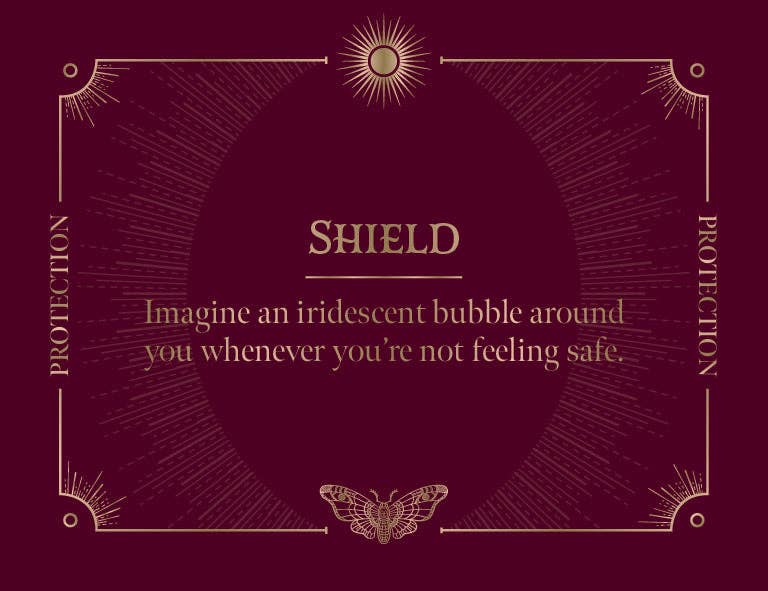 ROCKPOOL PUBLISHING Shield card featuring spells for protection and projection imagery
