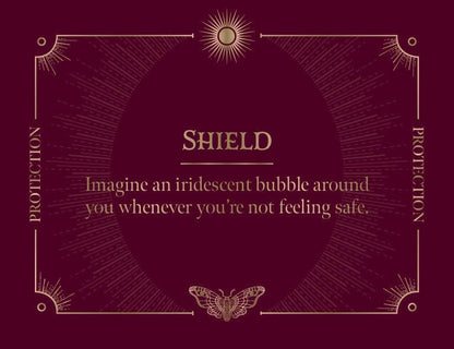 ROCKPOOL PUBLISHING Shield card featuring spells for protection and projection imagery