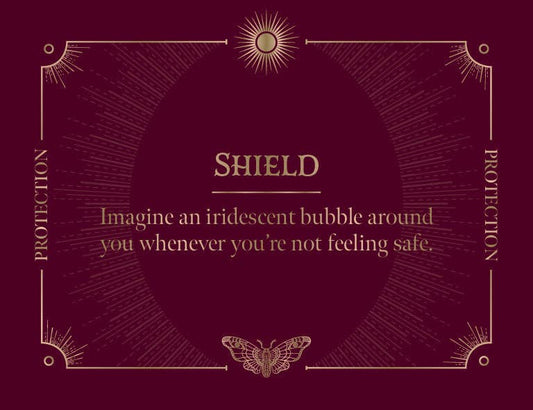 ROCKPOOL PUBLISHING Shield card featuring spells for protection and projection imagery