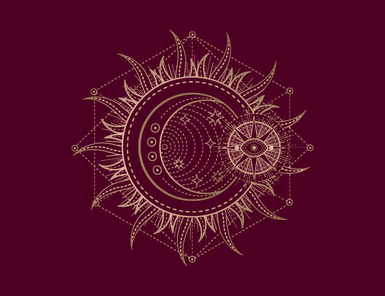 Intricate moon and sun design illustrating mystical symbols related to spells