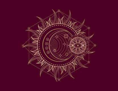 Intricate moon and sun design illustrating mystical symbols related to spells