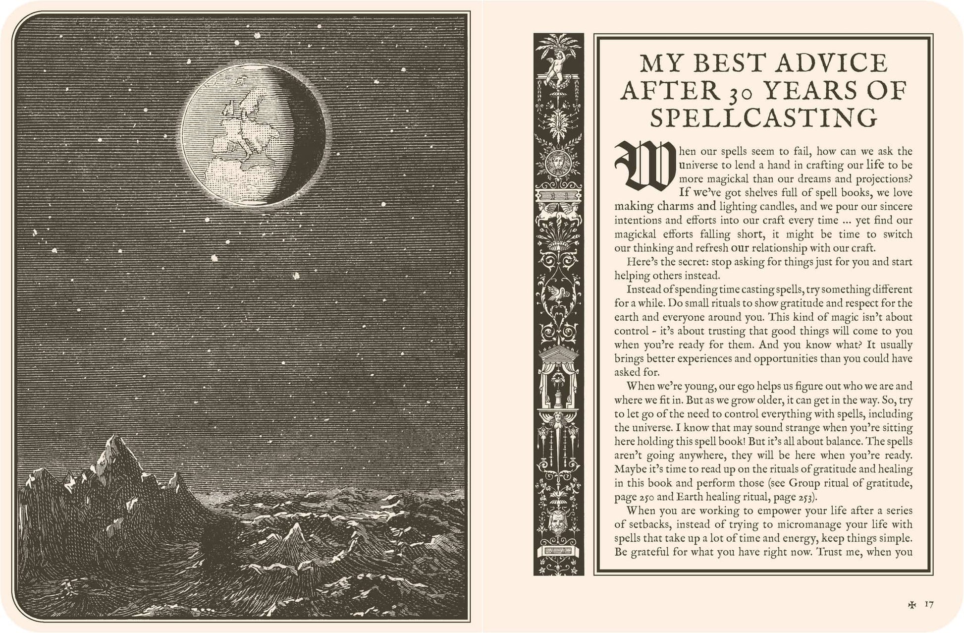 Lost Book of Spells - Fiona Horne featuring a moonlit mountain scene with spellcasting advice
