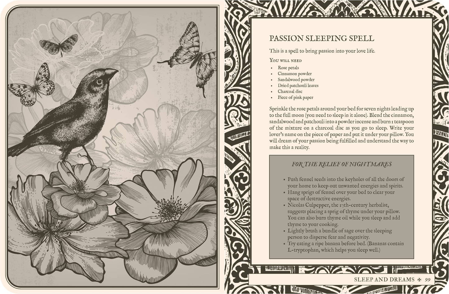 Illustrated page from Lost Book of Spells - Fiona Horne featuring a passion sleeping spell with flowers and a bird
