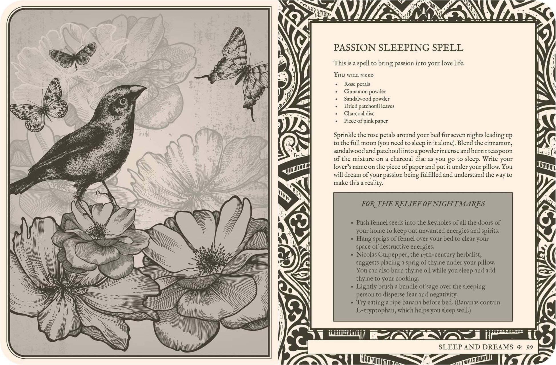 Illustrated page from Lost Book of Spells - Fiona Horne featuring a passion sleeping spell with flowers and a bird