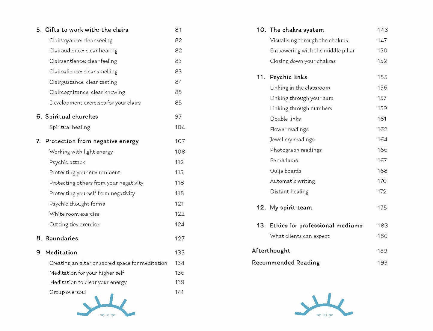 Table of contents from ROCKPOOL PUBLISHING book on Mediumship with chapters on psychic links and spiritual energy