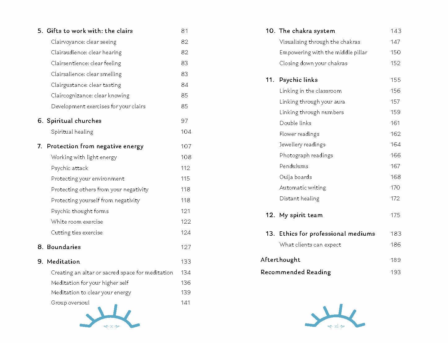 Table of contents from ROCKPOOL PUBLISHING book on Mediumship with chapters on psychic links and spiritual energy