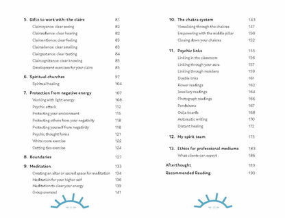 Table of contents from ROCKPOOL PUBLISHING book on Mediumship with chapters on psychic links and spiritual energy