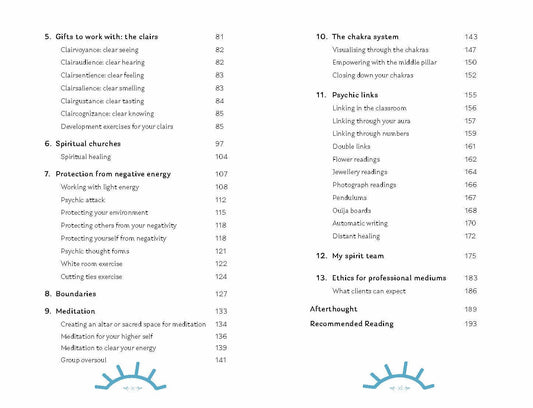 Table of contents from ROCKPOOL PUBLISHING book on Mediumship with chapters on psychic links and spiritual energy