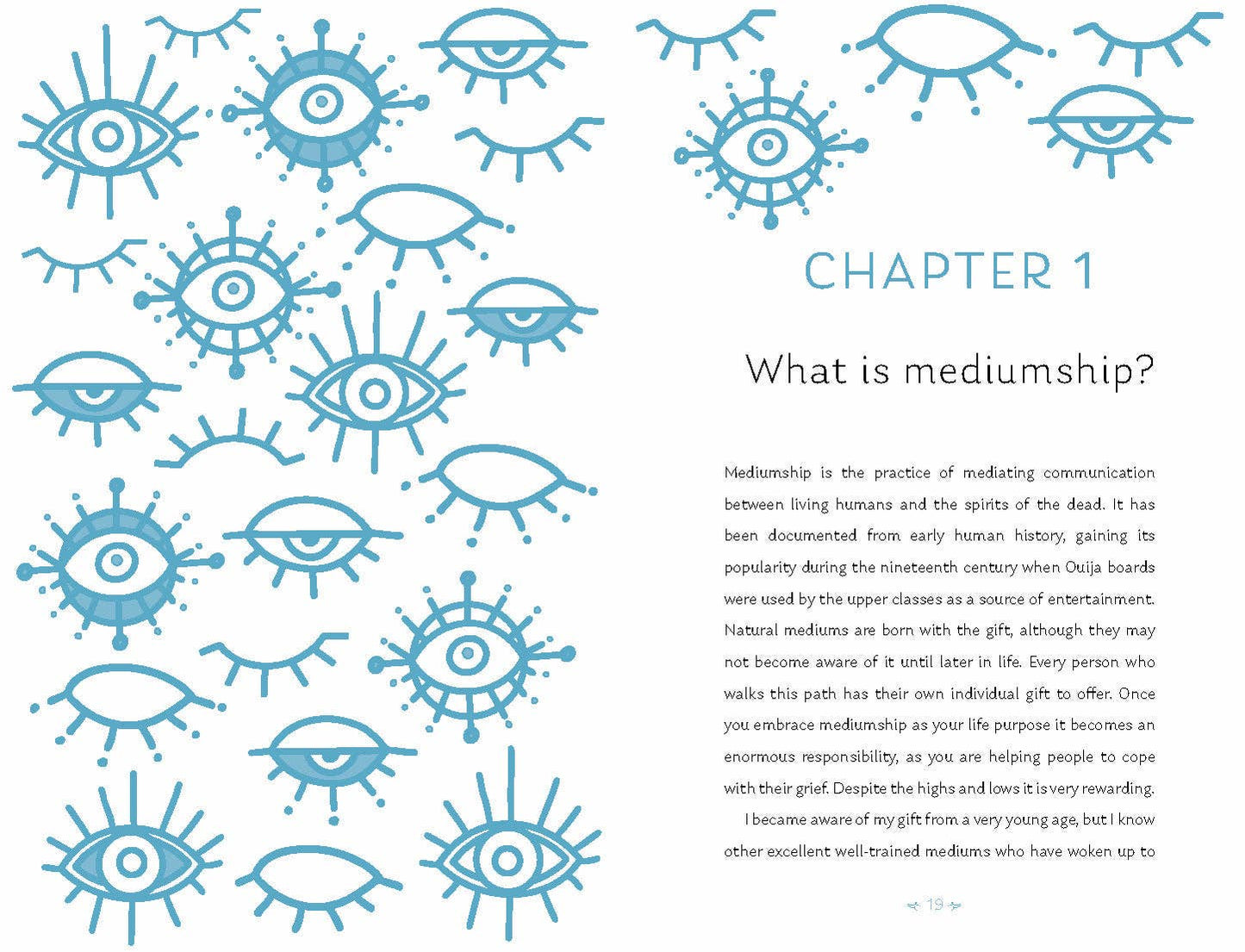 Illustration of eyes and rays related to mediumship, highlighting themes of communication with spirits