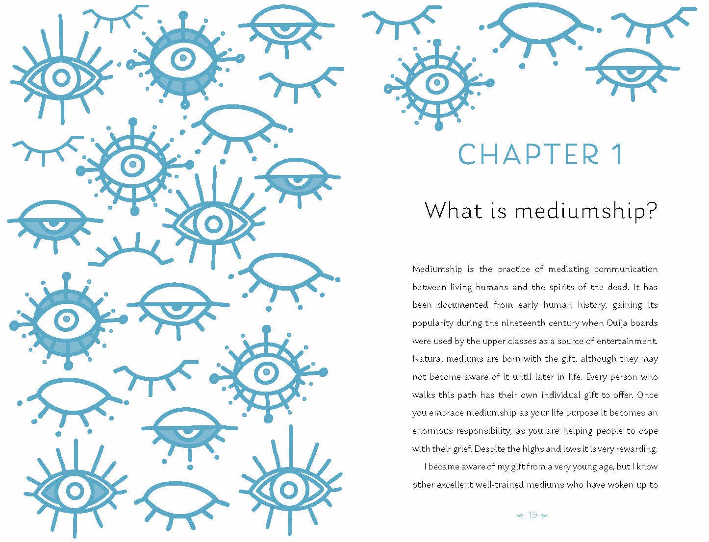 Illustration of eyes and rays related to mediumship, highlighting themes of communication with spirits