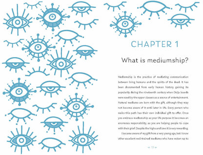 Illustration of eyes and rays related to mediumship, highlighting themes of communication with spirits