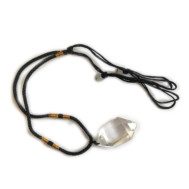 Natural Clear Quartz Crystal Necklace on a braided black cord with adjustable slip knot design