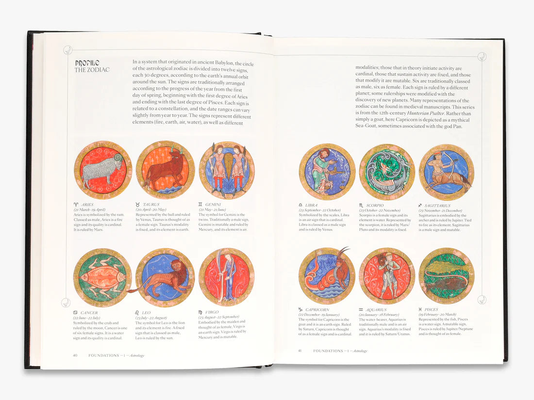 Occult - Peter Forshaw illustrated pages showing zodiac symbols and descriptions of astrological signs