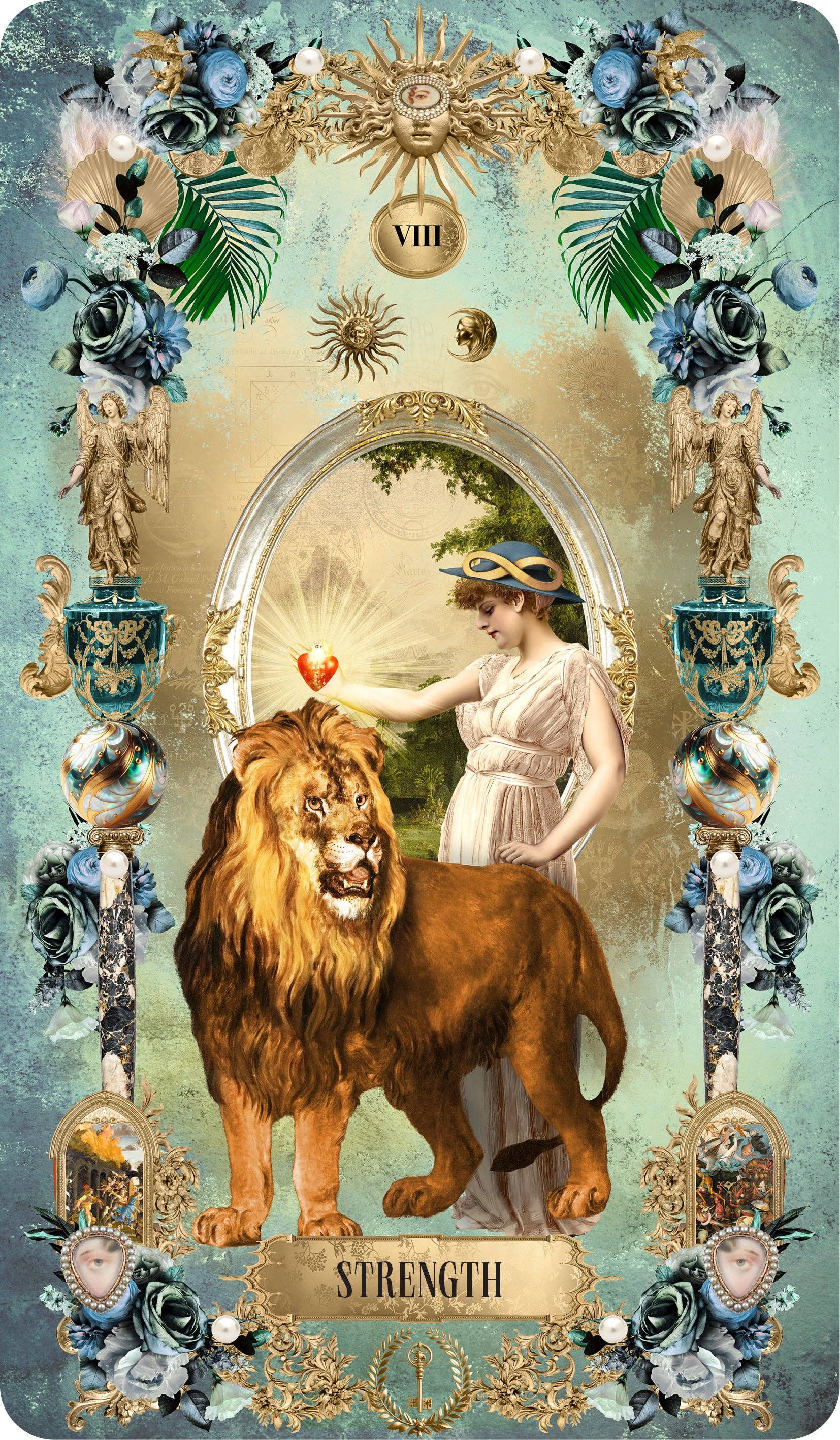 Tarot Divinatorium Strength Card featuring a lion and a woman in a lush garden setting