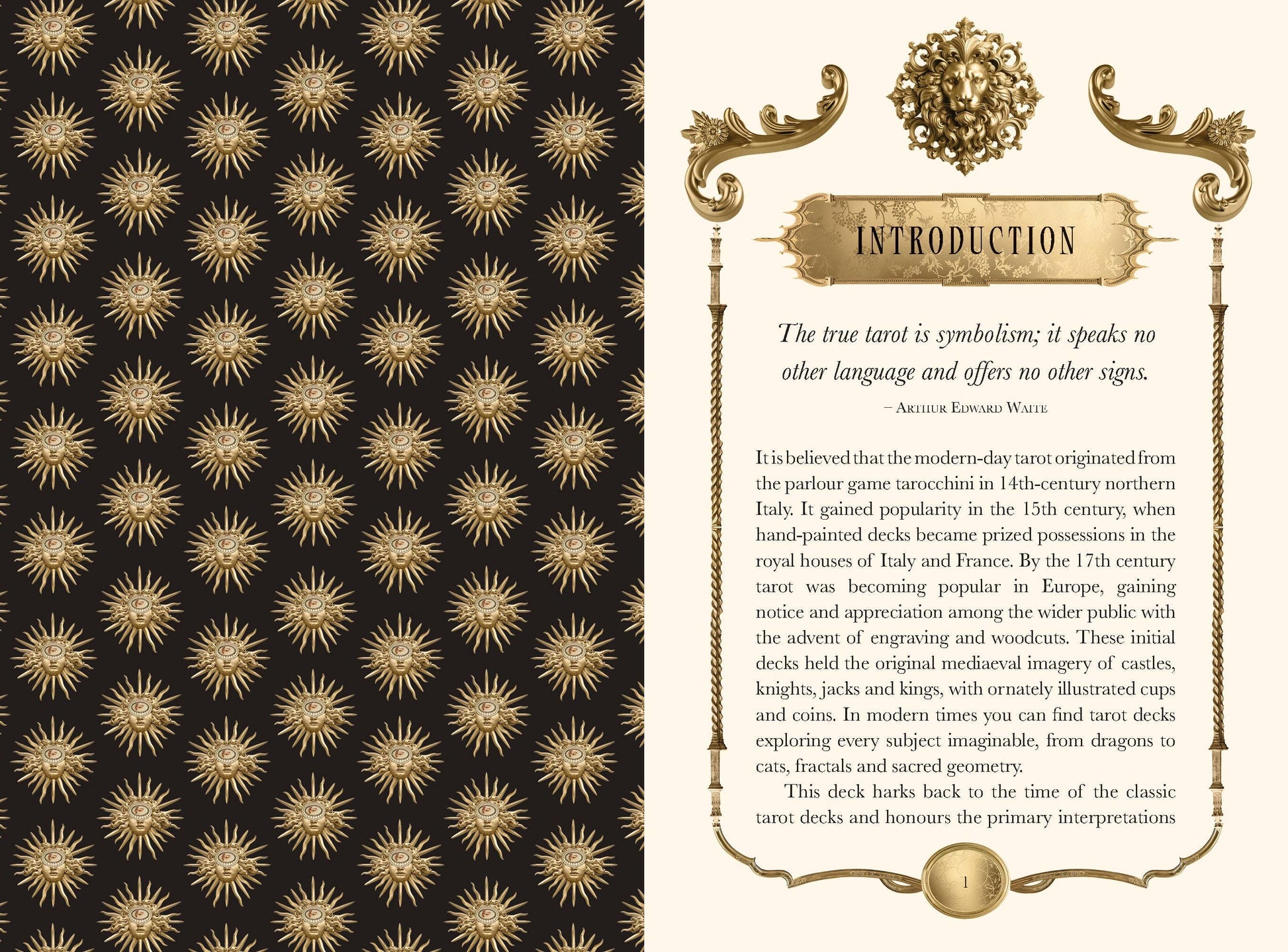Introduction page of Tarot Divinatorium featuring ornate design and historical information about tarot cards