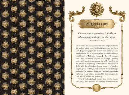 Introduction page of Tarot Divinatorium featuring ornate design and historical information about tarot cards
