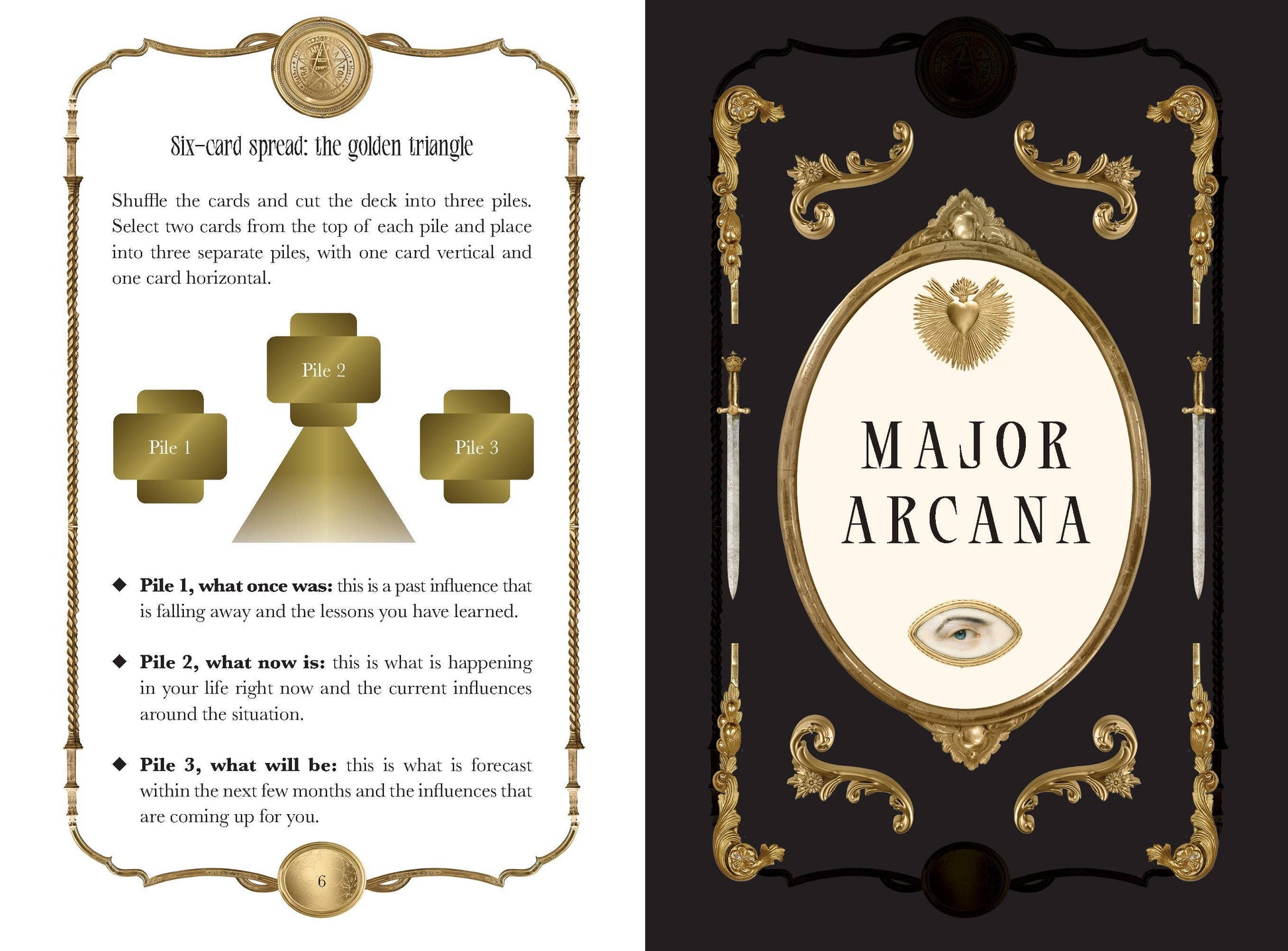 Tarot Divinatorium guide featuring a six-card spread layout and Major Arcana insights