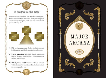 Tarot Divinatorium guide featuring a six-card spread layout and Major Arcana insights