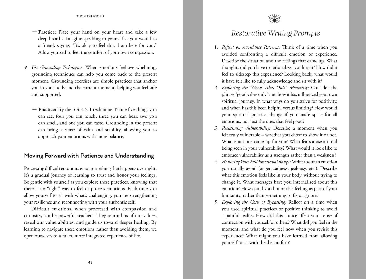 Page spread from The Altar Within featuring restorative writing prompts and emotional grounding techniques