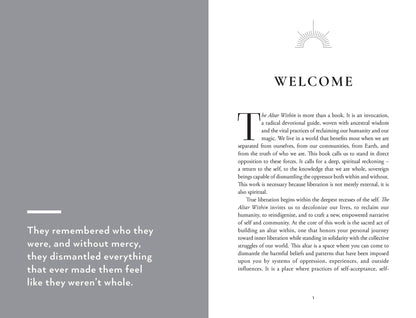 The Altar Within book welcome page featuring a radical emotional guide and themes of self-acceptance