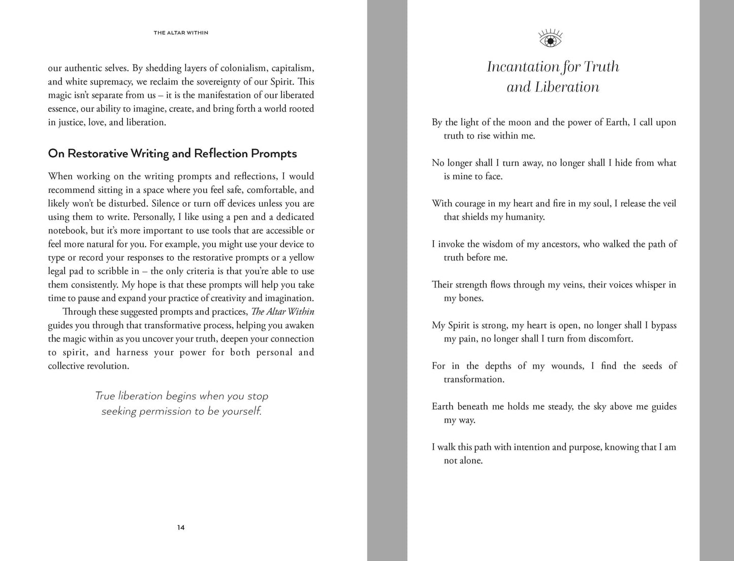 Page from The Altar Within featuring writing prompts for reflection and personal growth