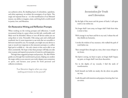 Page from The Altar Within featuring writing prompts for reflection and personal growth