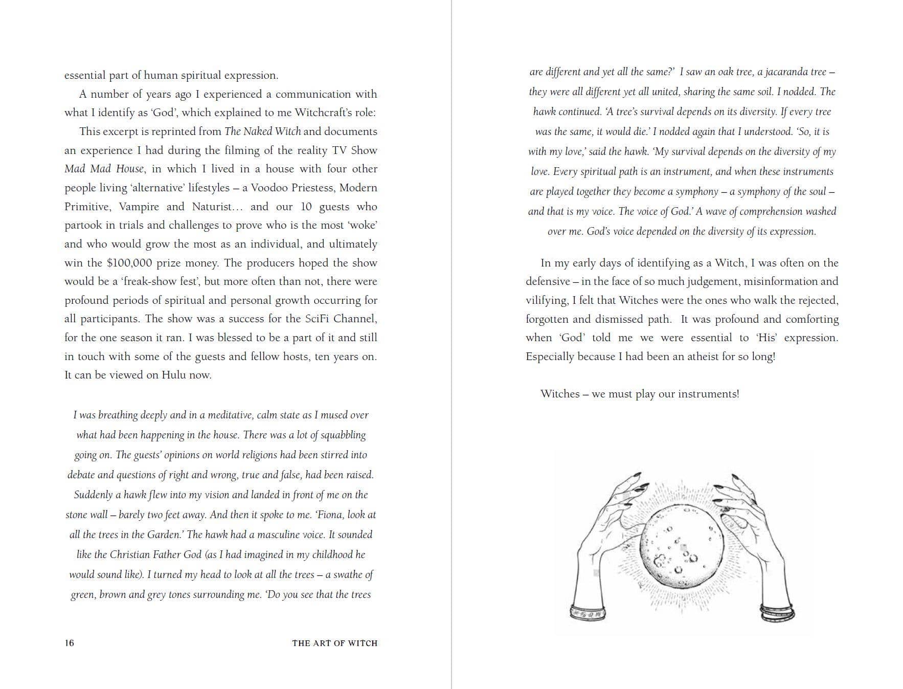 Pages from The Art Of Witch book featuring spiritual expressions and a crystal ball illustration