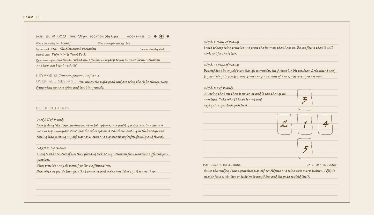 The Complete Tarot & Oracle Journal open pages showcasing structured entries and interpretations.