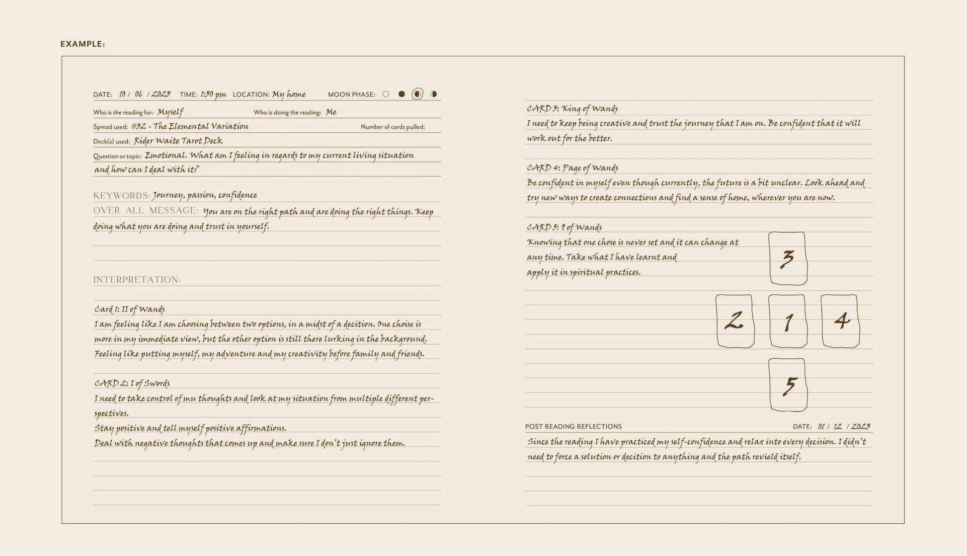 The Complete Tarot & Oracle Journal open pages showcasing structured entries and interpretations.