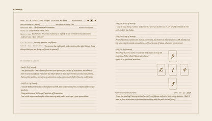 The Complete Tarot & Oracle Journal open pages showcasing structured entries and interpretations.