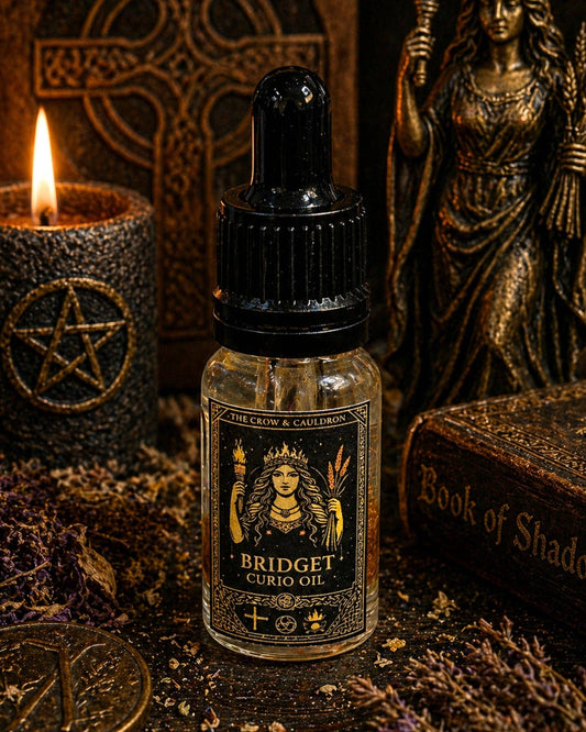 The Crow and Cauldron - 10ml Curio Oil - Bridget Ward in a decorative bottle with herbal decor