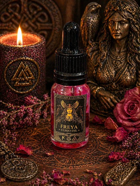 The Crow and Cauldron - 10 ml Curio Oil - Freya in a decorative setting with candles and an ornate backdrop