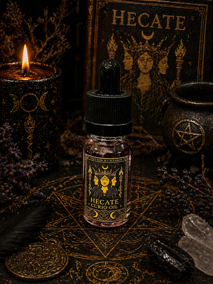 The Crow and Cauldron - 10ml Curio Oil - Hecate bottle on a mystical altar with candles and crystals