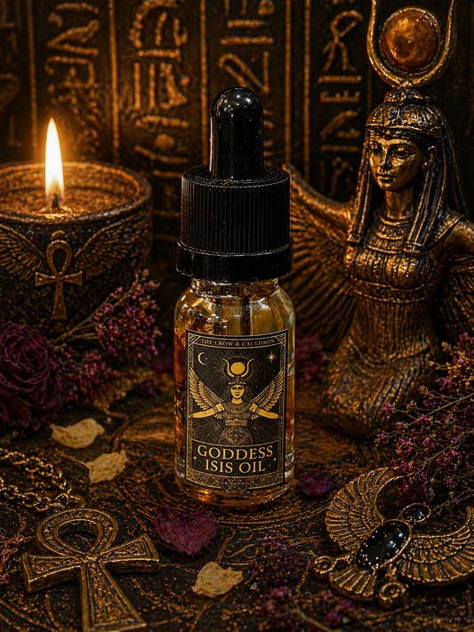 The Crow and Cauldron - 10ml Curio Oil - Isis in a mystical setting with candle and goddess statue