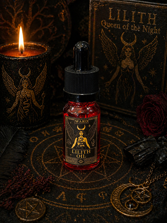 The Crow and Cauldron - 10ml Curio Oil - Lilith in a decorative setting with mystical symbols