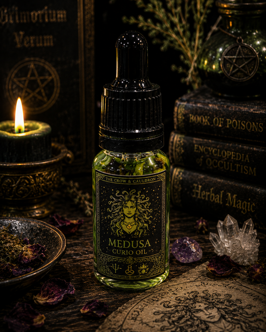 The Crow and Cauldron - 10 ml Curio Oil - Medusa in a dark setting with occult books and crystals