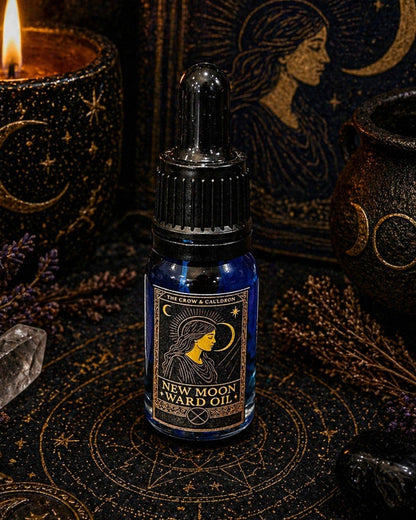 The Crow and Cauldron - 10ml Curio Oil - New Moon in a blue bottle surrounded by mystical decor
