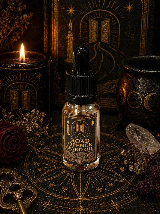 The Crow and Cauldron - 10ml Curio Oil - Road Opener displayed with candles and crystals for spiritual practices