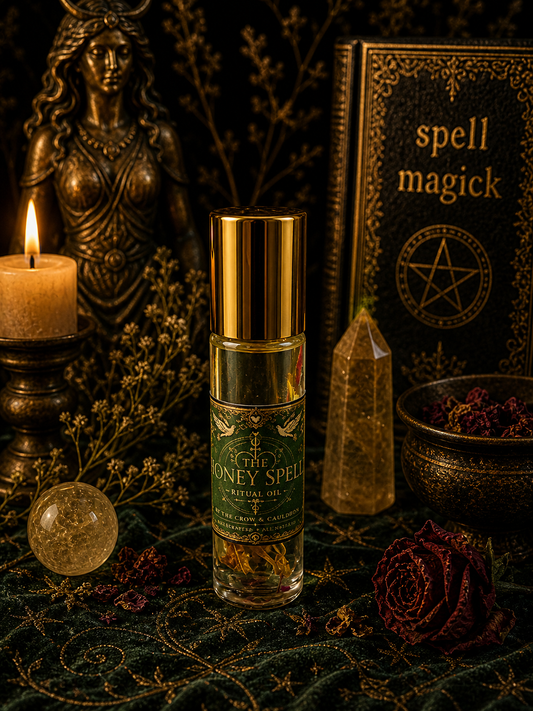 The Crow and Cauldron - Money Spell Ritual Oil in a decorative bottle with an elegant gold cap
