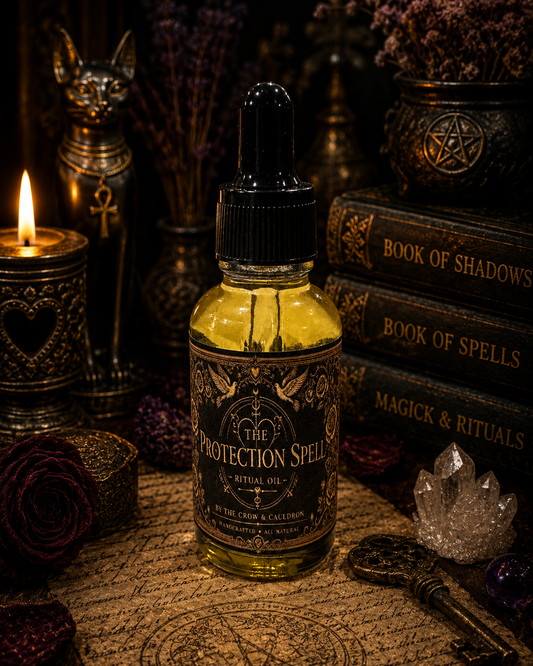The Crow and Cauldron - The Protection Spell Ritual Oil in a decorative bottle surrounded by mystical objects
