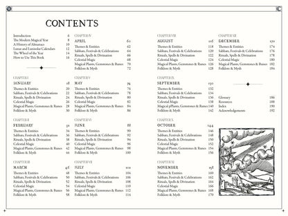 Contents page from The Occult Almanac - Liz Williams showcasing monthly chapters and topics