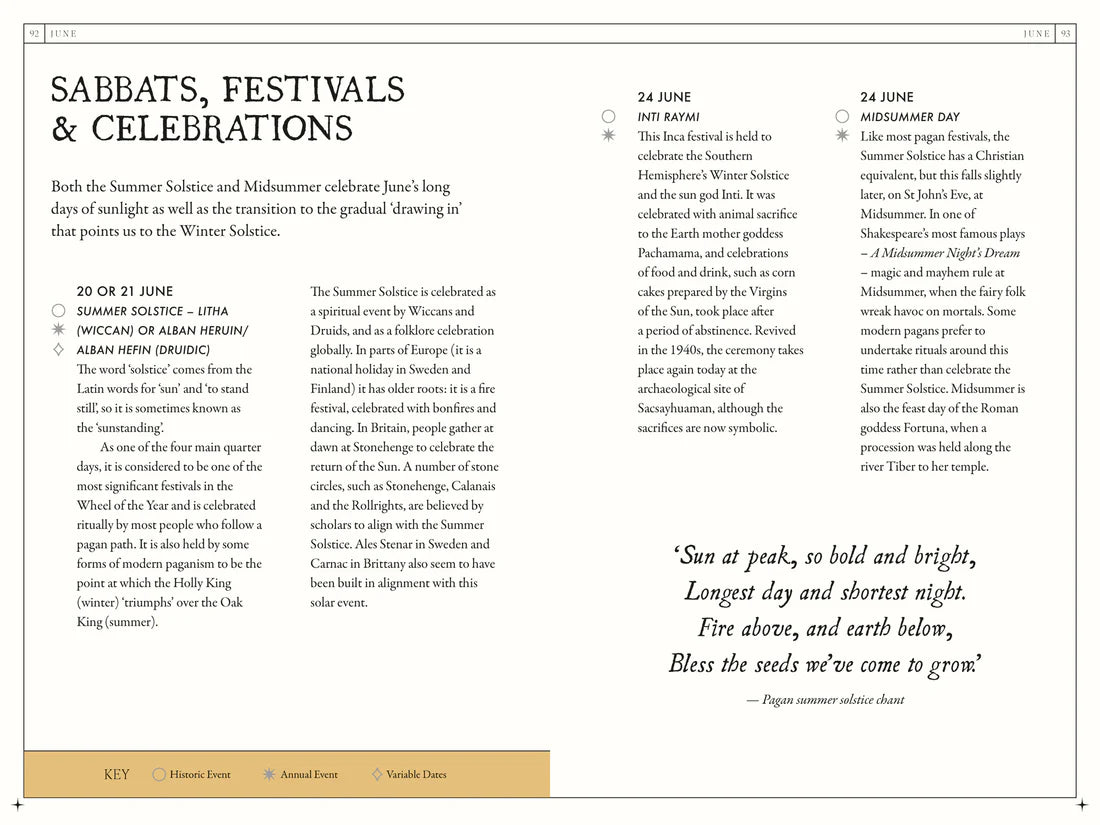 The Occult Almanac - Liz Williams page showing Sabbats, Festivals and Celebrations for June