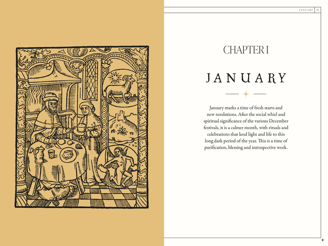 The Occult Almanac - Liz Williams featuring an illustrated January chapter with rituals and reflections