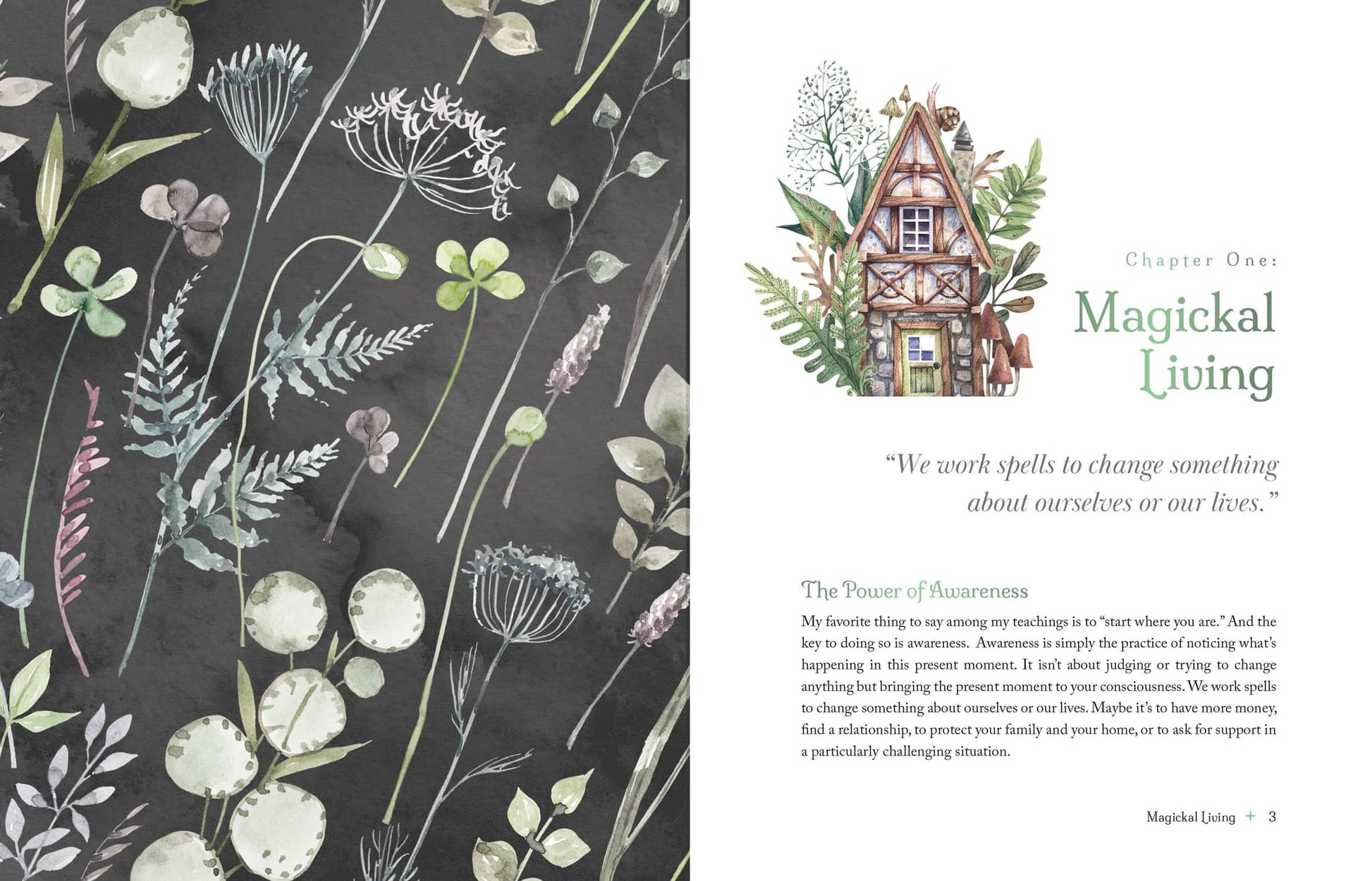 Book page featuring floral illustrations and a cottage with text from The Witch's Apothecary - Lorraine Anderson