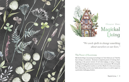 Book page featuring floral illustrations and a cottage with text from The Witch's Apothecary - Lorraine Anderson