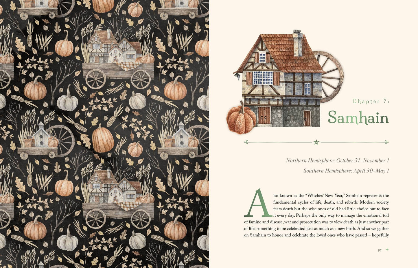 The Witch's Apothecary - Lorraine Anderson book cover featuring a whimsical cottage with pumpkins and autumn decor