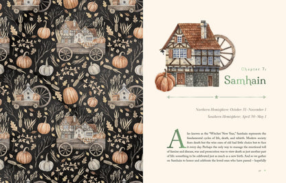 The Witch's Apothecary - Lorraine Anderson book cover featuring a whimsical cottage with pumpkins and autumn decor