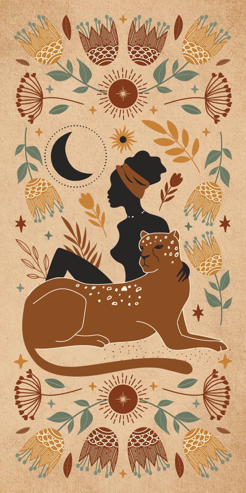 Artistic illustration featuring a silhouette of a woman with a cheetah, focusing on themes of Witch Magick